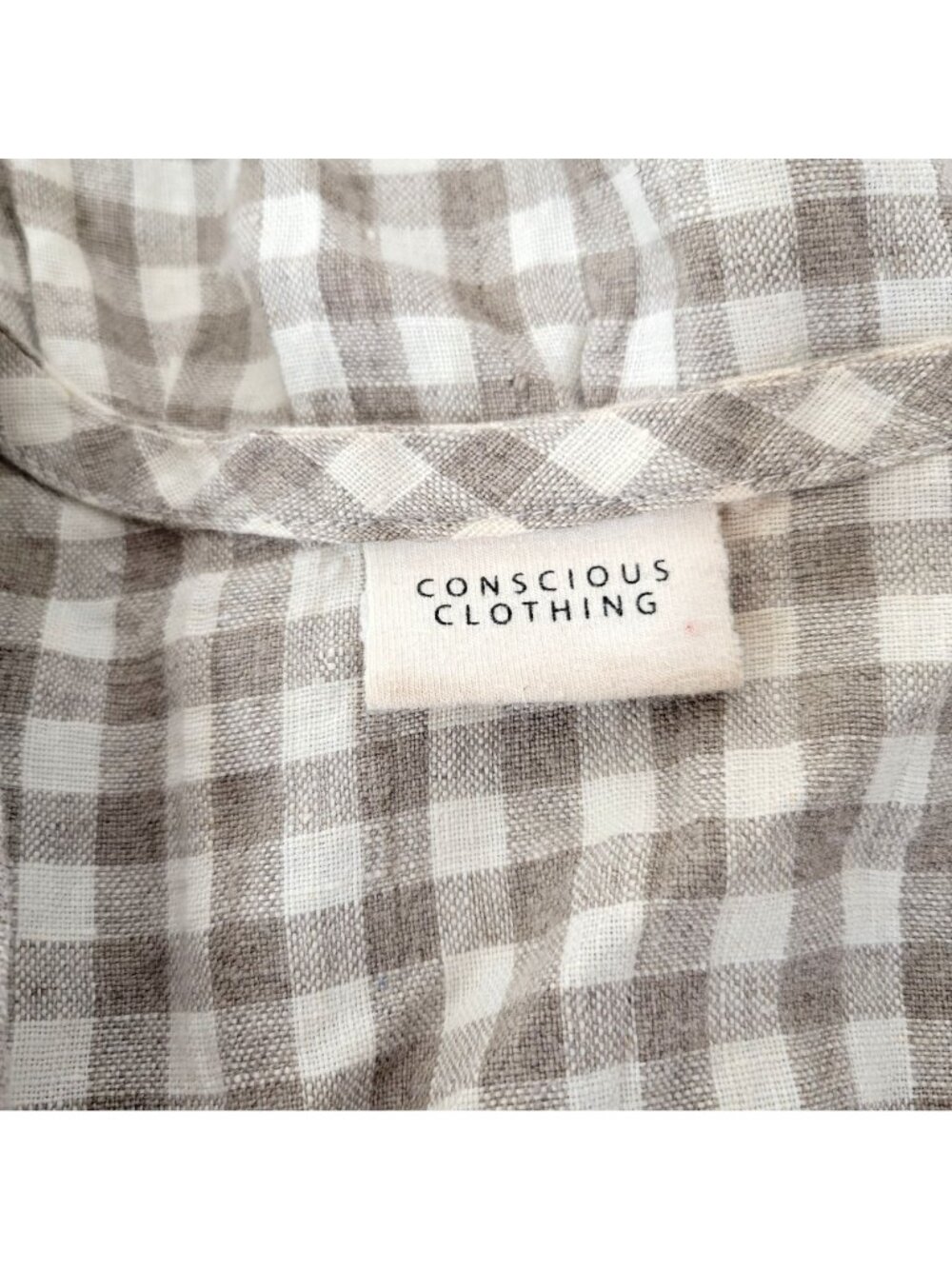 Gingham Linen Dress Tan and White by Conscious Clothing Made in Michigan Size L - Picture 3 of 6